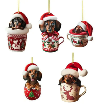 5PCS Cartoon Dachshund Dog Christmas Ornaments